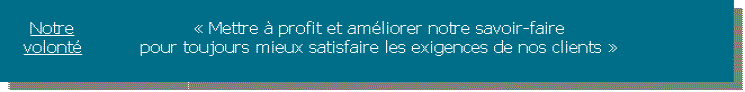 Zone de Texte: Notre volonté	« Mettre à profit et améliorer notre savoir-fairepour toujours mieux satisfaire les exigences de nos clients »	 